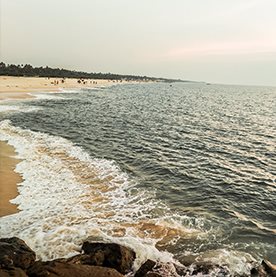 A gentle wave rolling toward a sandy shore