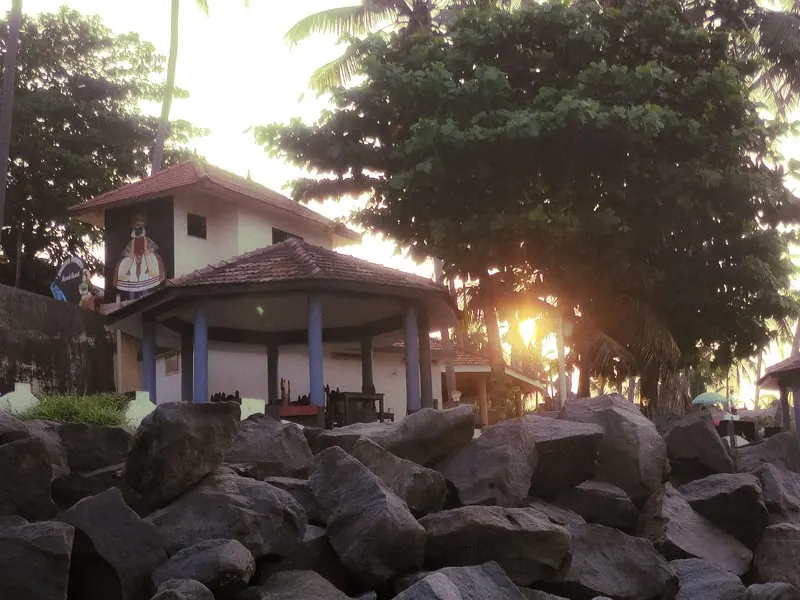 Morning light through trees beside a house and shoreline rocks